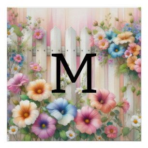 Watercolor monogram pastels flowers on white wood poster