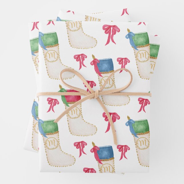 Watercolor Monogram Personalize Christmas Stocking Wrapping Paper Sheets (In situ)