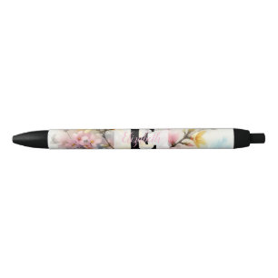 Watercolor monogram pink yellow Spring flowers Pen