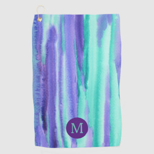 Watercolor Monogram Purple Turquoise Stripes Paint Golf Towel