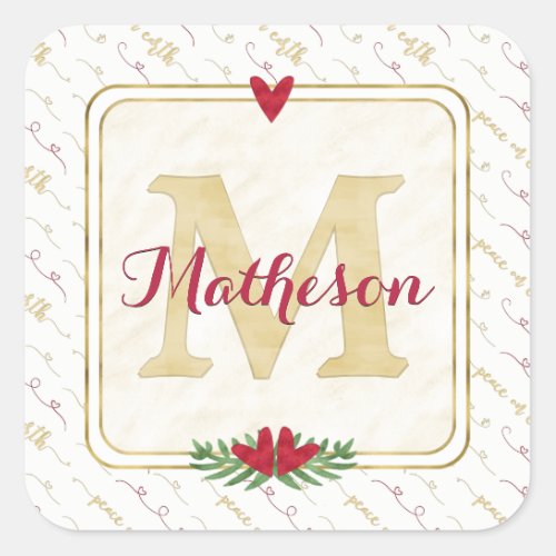 Watercolor Monogram Red and Gold Typography Square Sticker