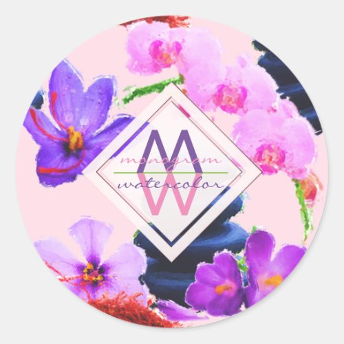 Watercolor Monogram Saffron and Orchid Flowers Zen Classic Round Sticker