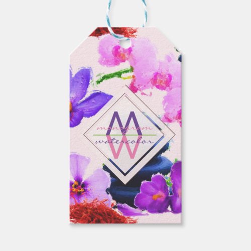 Watercolor Monogram Saffron and Orchid Flowers Zen Gift Tags