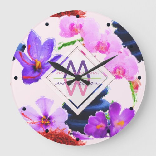 Watercolor Monogram Saffron and Orchid Flowers Zen Large Clock