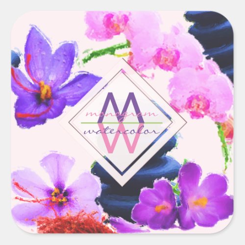 Watercolor Monogram Saffron and Orchid Flowers Zen Square Sticker