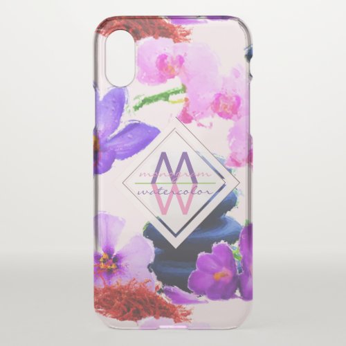 Watercolor Monogram Saffron and Orchid Flowers Zen iPhone X Case