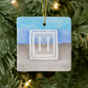 Watercolor Monogram Sea & Sand Blue and Tan Ceramic Ornament