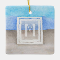 Watercolor Monogram Sea &amp; Sand Blue and Tan Ceramic Ornament