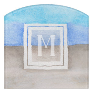 Watercolor Monogram Sea & Sand Blue and Tan Door Sign