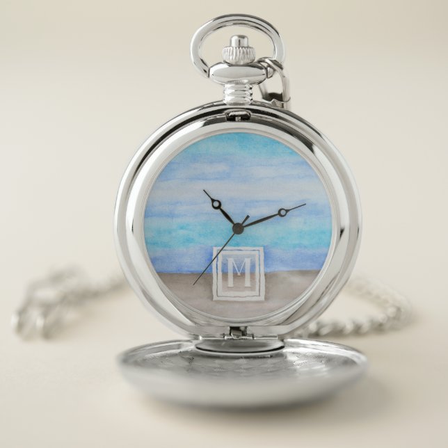 Watercolor Monogram Sea & Sand Blue and Tan Pocket Watch (Inside)