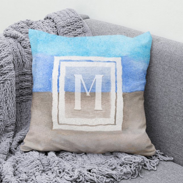 Watercolor Monogram Sea & Sand Blue and Tan Throw Pillow (Creator Uploaded)