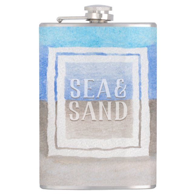 Watercolor Monogram Sea & Sand Coastal Beach Hip Flask (Front)