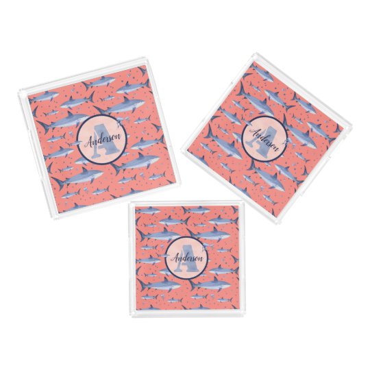 Watercolor Monogram Shark Marine Life Coral Navy Acrylic Tray
