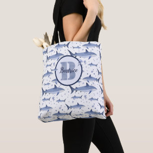 Watercolor Monogram Shark Pattern With Name White Tote Bag