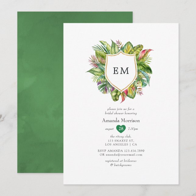 Watercolor Monogram Tropical Summer Bridal Shower Invitation (Front/Back)