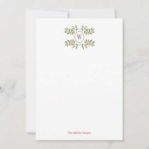 Watercolor Monogram with greenery Holiday Note Card