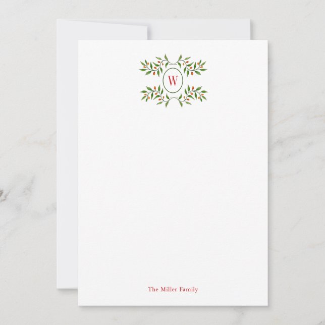 Watercolor Monogram with greenery Holiday Note Card (Front)
