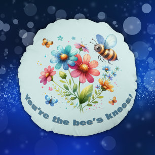 Watercolor Monogram You're the Bee's Knees Blue Round Pillow