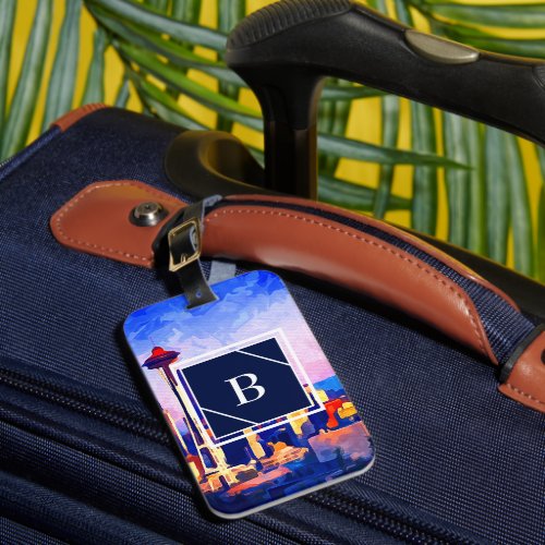 Watercolor Monogrammed Sunset Orange Seattle WA Luggage Tag