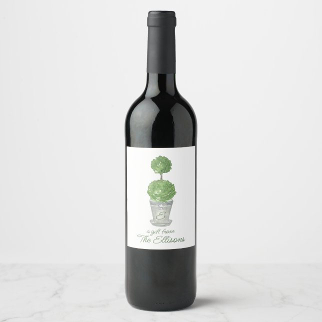 Watercolor Monogrammed Topiary Wine Label (Front)