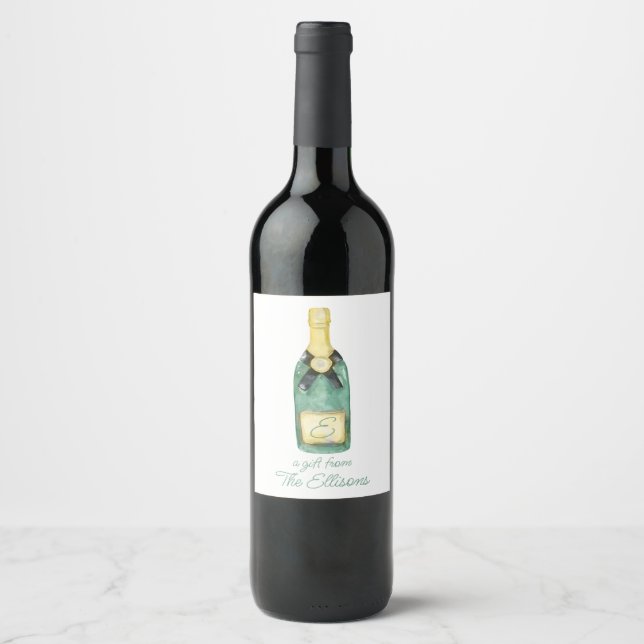Watercolor Monogrammed Wine Bottle Label (Front)