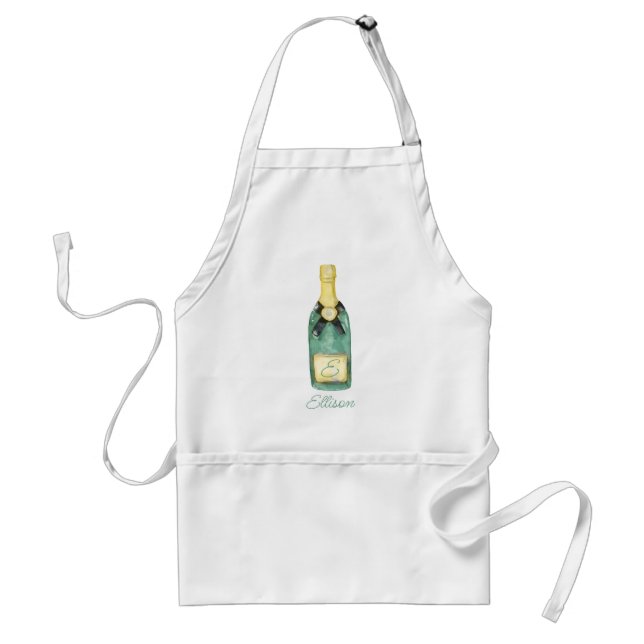 Watercolor Monogrammed Wine Champagne Adult Apron (Front)