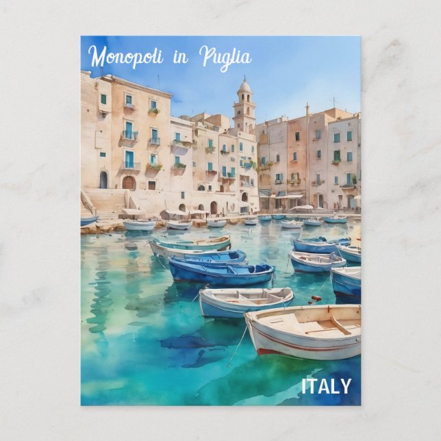 Watercolor Monopoli in Italia Puglia Coast Postcard (Front)