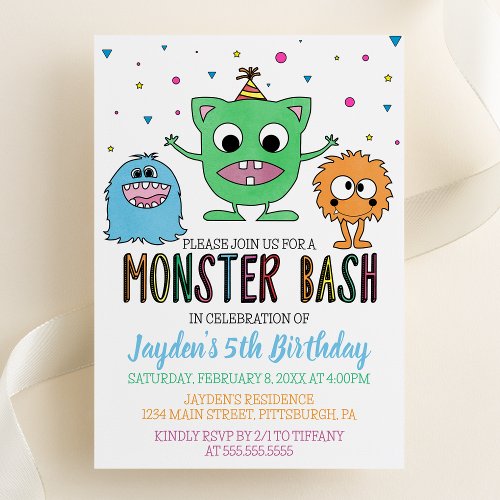 Watercolor Monster Bash Birthday Party Invitation