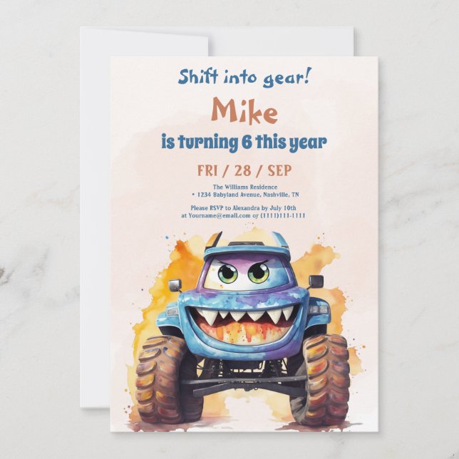 Watercolor Monster Truck boy Birthday  Invitation (Front)