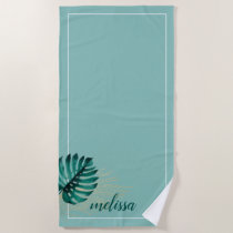 Watercolor Monstera Gold Palm Leaf Teal Tropical Beach Towel