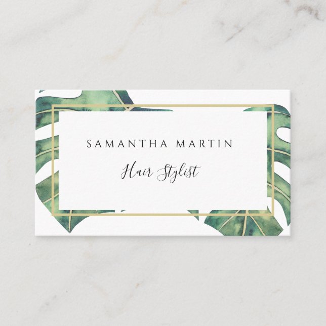 Watercolor Monstera Greenery Gold Business Card (Front)