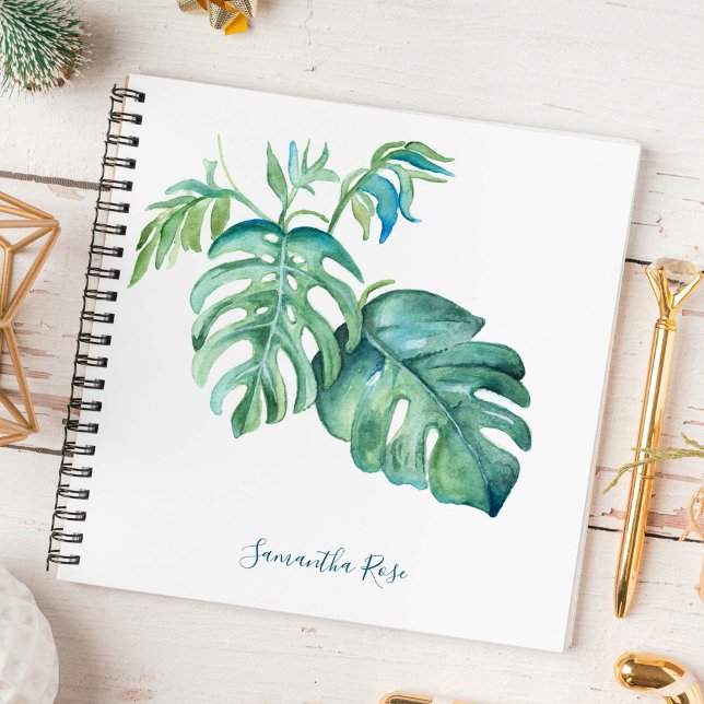 Watercolor Monstera Greenery Personalized Journal (Personalized Notebook watercolor monstera palm leaf art by Victoria Grigaliunas)
