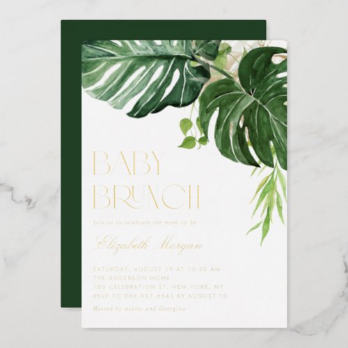 Watercolor Monstera Greenery Tropical Baby Brunch Foil Invitation - Invite family and friends to your event with this customizable gold foil baby shower brunch invitation. it features watercolor illustrations of monstera leaves with faux gold foil accents. Personalize this monster baby brunch invitation by adding your own details. This greenery baby brunch invitation is perfect for summer baby showers and gender neutral baby showers. 

