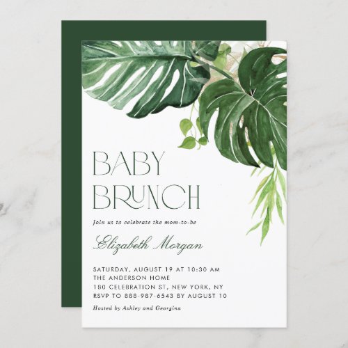 Watercolor Monstera Greenery Tropical Baby Brunch Invitation - Invite family and friends to your event with this customizable tropical baby shower brunch invitation. it features watercolor illustrations of monstera leaves with faux gold foil accents. Personalize this monster baby brunch invitation by adding your own details. This greenery baby brunch invitation is perfect for summer baby showers and gender neutral baby showers. 