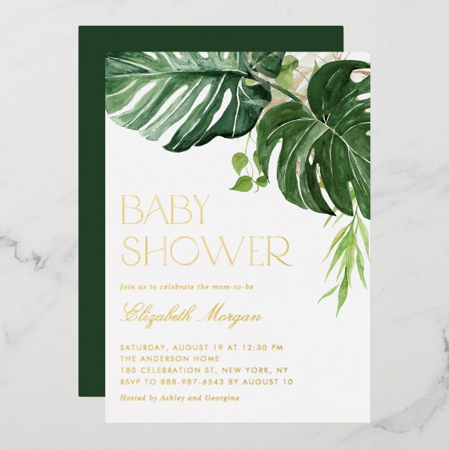 Watercolor Monstera Greenery Tropical Baby Shower Foil Invitation (Front/Back)