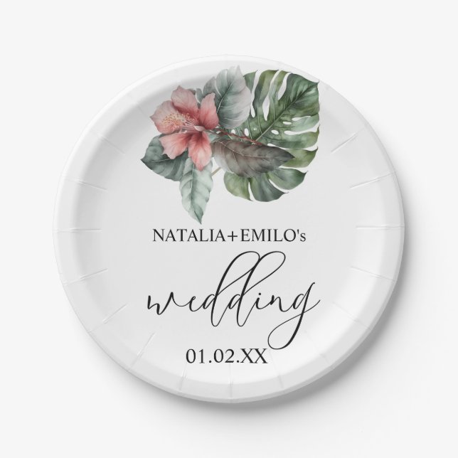 Watercolor Monstera Leaf Floral Wedding Paper Plates (Front)