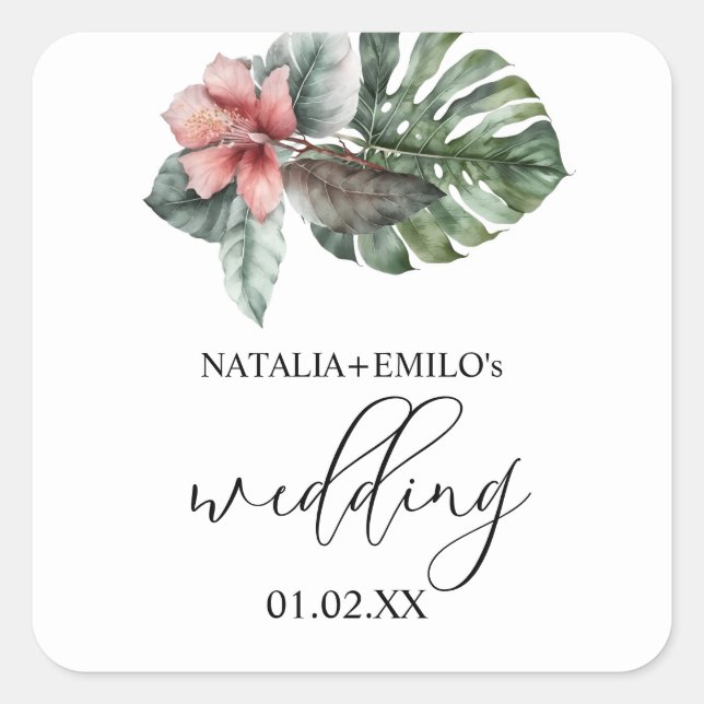 Watercolor Monstera Leaf Floral Wedding Square Sticker (Front)
