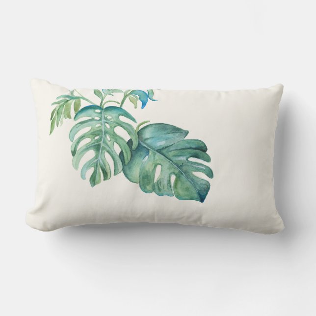Watercolor Monstera Leaf Lumbar Pillow (Front)