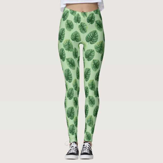 Watercolor Monstera Leaf Pattern Leggings (Front)