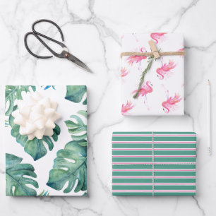 Watercolor Monstera Leaves and Pink Flamingos Wrapping Paper Sheets