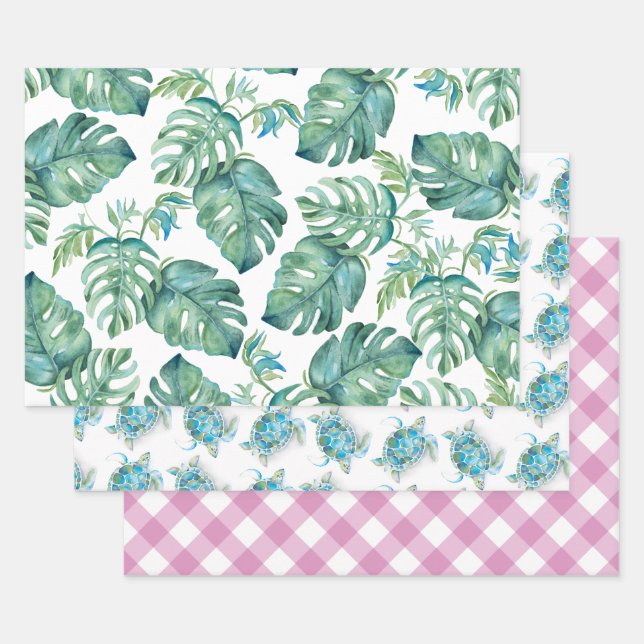Watercolor Monstera Leaves and Sea Turtle Wrapping Paper Sheets (Set)