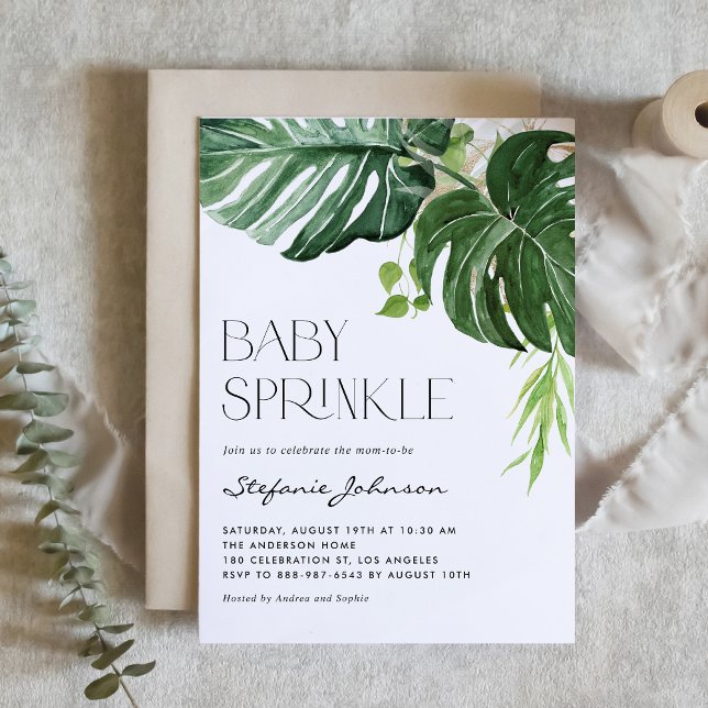 Watercolor Monstera Leaves Summer Baby Sprinkle Invitation (Creator Uploaded)