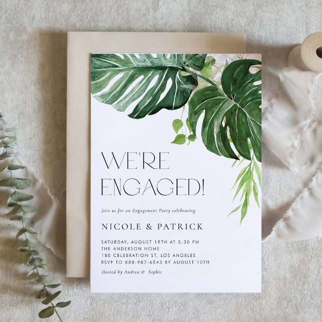 Watercolor Monstera Leaves Summer Engagement Party Invitation (Creator Uploaded)