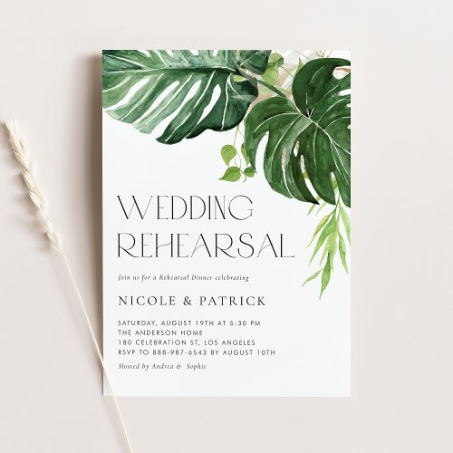 Watercolor Monstera Leaves Summer Rehearsal Dinner Invitation