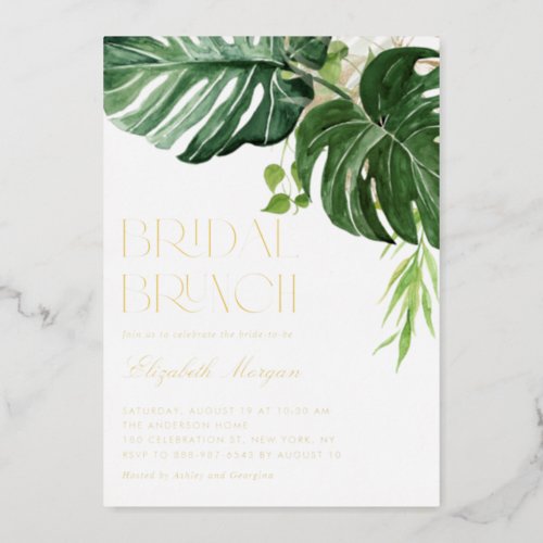 Watercolor Monstera Leaves Tropical Bridal Brunch Foil Invitation - Invite family and friends to your event with this customizable gold foil tropical bridal brunch invitation. it features watercolor illustrations of monstera leaves with faux gold foil accents. Personalize this monster bridal brunch invitation by adding your own details. This greenery bridal brunch invitation is perfect for summer bridal showers.



