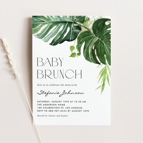 Watercolor Monstera Leaves Tropical Bridal Brunch Invitation