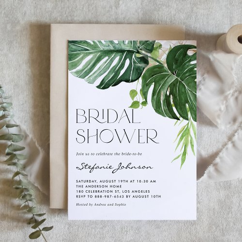 Watercolor Monstera Leaves Tropical Bridal Shower Invitation