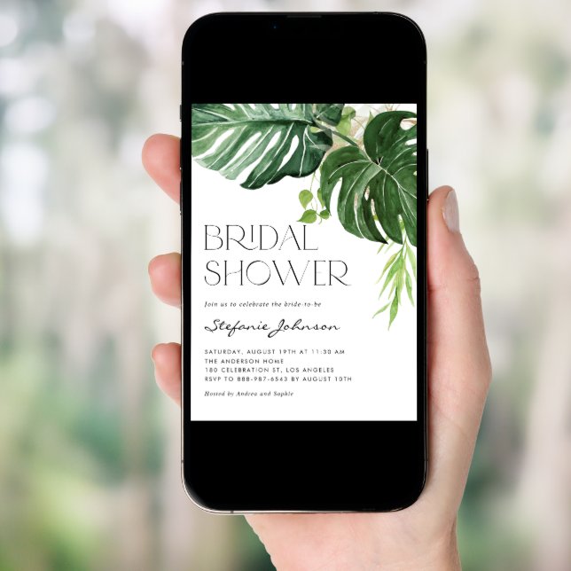 Watercolor Monstera Leaves Tropical Bridal Shower Invitation (Front Digital)