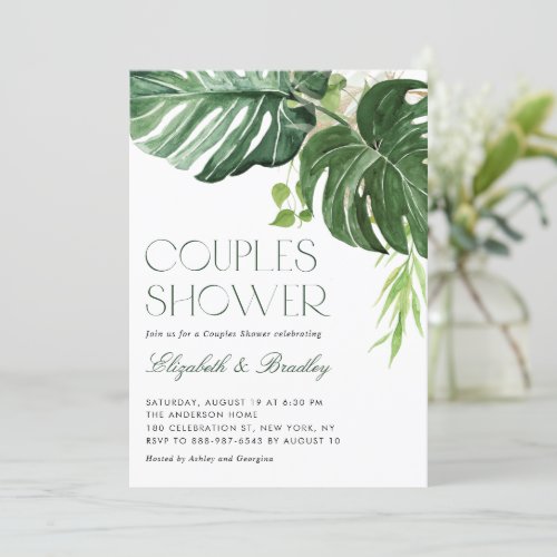 Watercolor Monstera Leaves Tropical Couples Shower Invitation - Invite family and friends to your event with this customizable tropical wedding shower invitation. it features watercolor illustrations of monstera leaves with faux gold foil accents. Personalize this monster wedding shower invitation by adding your own details. This greenery wedding shower invitation is perfect for summer wedding showers.