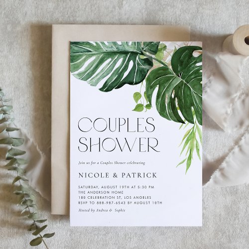 Watercolor Monstera Leaves Tropical Couples Shower Invitation